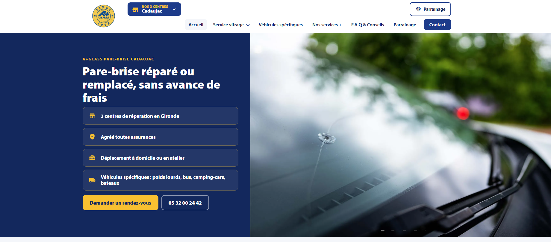 Création de site internet pour un spécialiste du vitrage pour poids lourds et utilitaires à Créon - A+Glass Créon