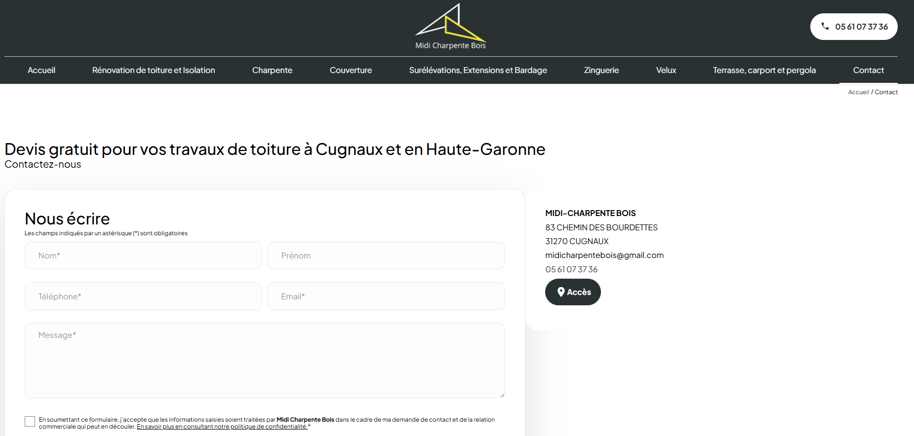 Création de site internet pour les travaux de rénovation et couverture à Toulouse - Midi Charpente Bois