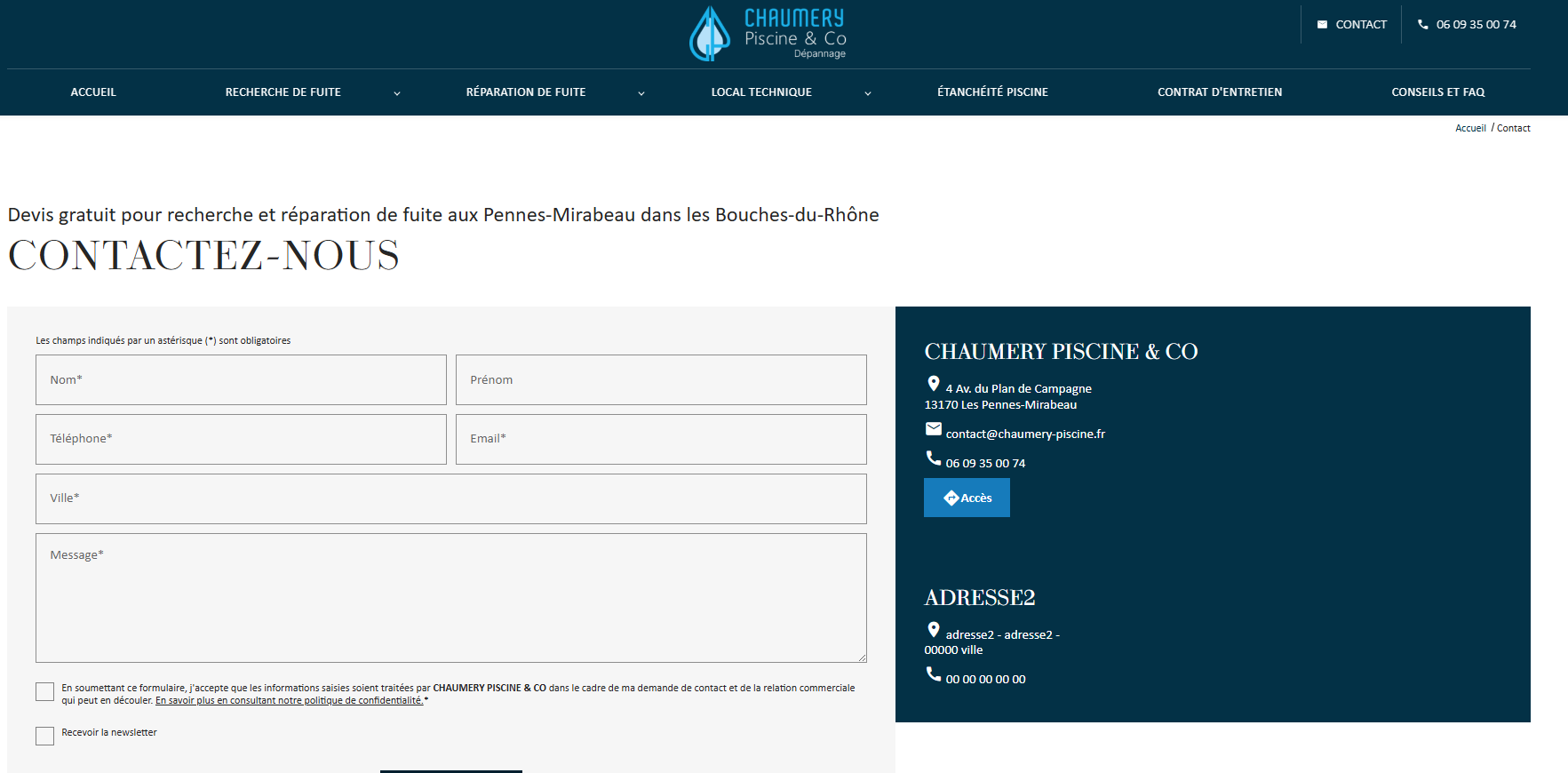 Création de site internet pour la réparation et la maintenance de bassins aux Pennes-Mirabeau - CHAUMERY PISCINE & CO